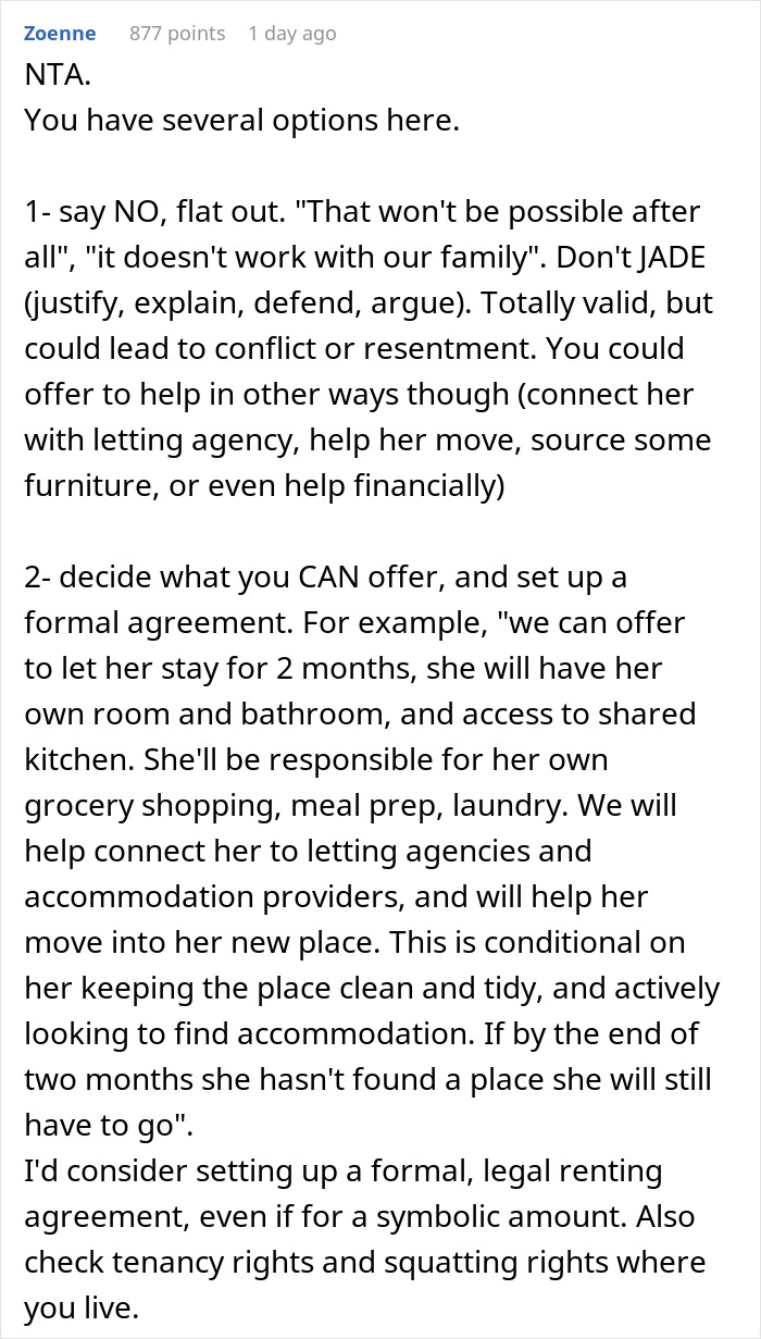 A screenshot of a Reddit comment providing options for the couple regarding housing their niece. A screenshot of a Reddit comment providing options for the couple regarding housing their niece.