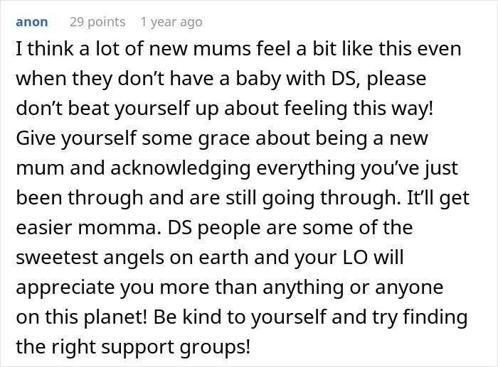 A Reddit comment encouraging a new mom and providing support for having a baby with Down syndrome.