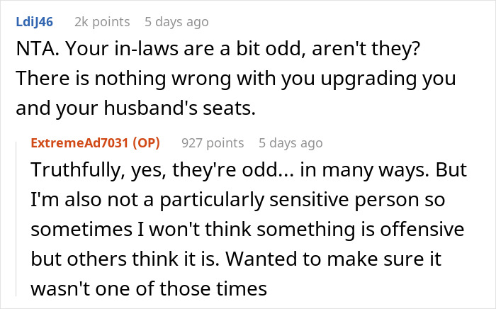 A Reddit comment from a user giving an NTA judgment about upgrading flight tickets for a family trip. A Reddit comment from a user giving an NTA judgment about upgrading flight tickets for a family trip.