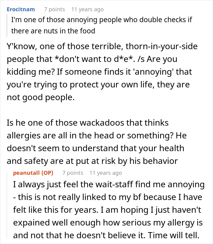 A woman is wondering how many reminders her boyfriend needs about her allergy after he keeps forgetting. A woman is wondering how many reminders her boyfriend needs about her allergy after he keeps forgetting.
