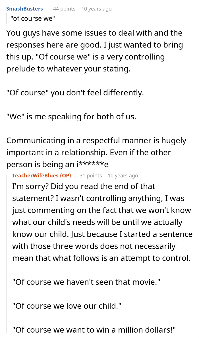 A forum comment responding to a user about control in a relationship regarding kid's education.