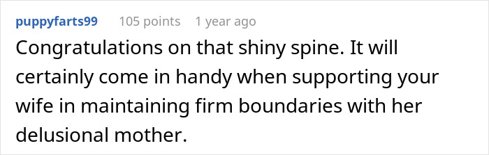 A comment congratulating a man for his stance with his MIL after she gets evicted. A comment congratulating a man for his stance with his MIL after she gets evicted.
