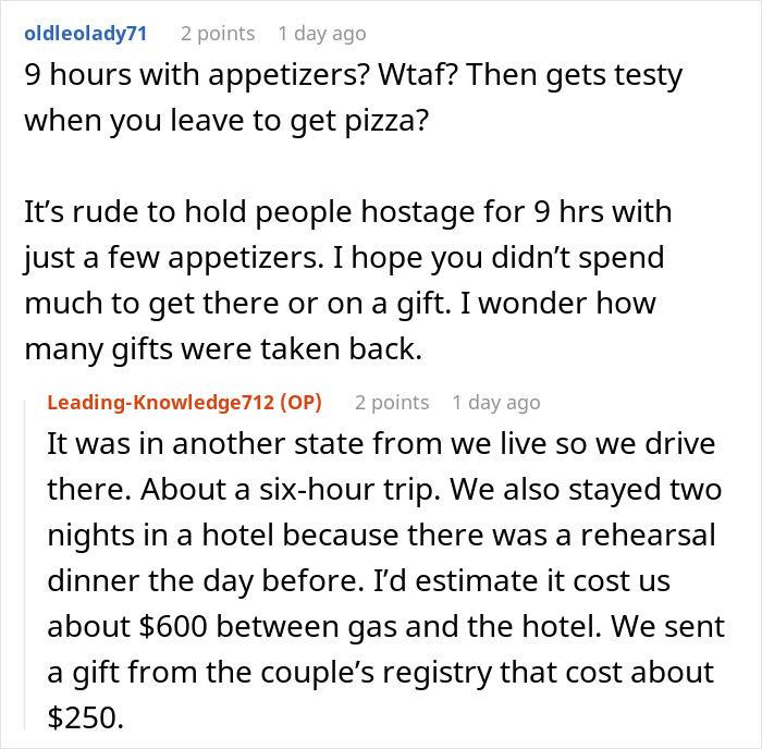 A Reddit discussion about the 9-hour wedding reception with only appetizers and the resulting hunger fight for guests. A Reddit discussion about the 9-hour wedding reception with only appetizers and the resulting hunger fight for guests.