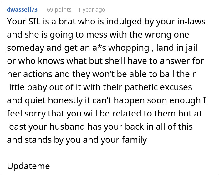 A screenshot of a comment from dwassell73 expressing strong disapproval of the SILs behavior, suggesting she will face consequences. A screenshot of a comment from dwassell73 expressing strong disapproval of the SILs behavior, suggesting she will face consequences.
