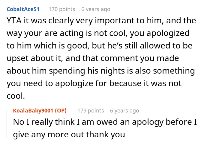 A Reddit comment from CobaltAce51 calls out the original poster for disrespecting a guy's boundaries.