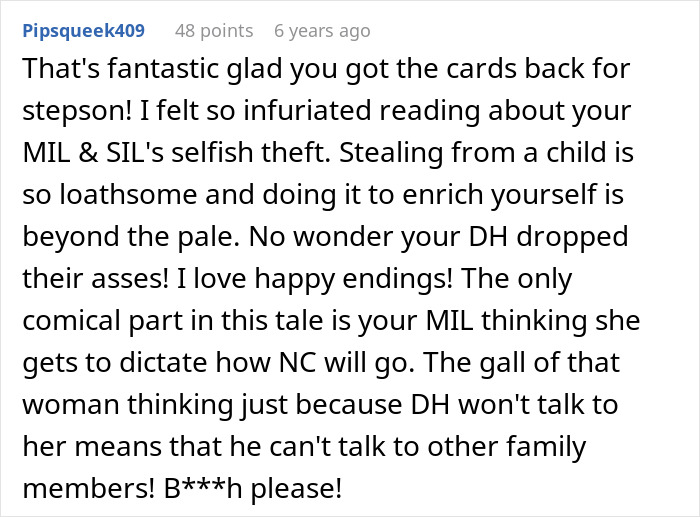 A comment praising getting cards back for the stepson, detailing the grandma’s selfish theft and true colors.