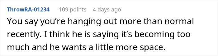 Screenshot of a Reddit comment explaining the bestie needs space after supporting the woman through divorce. Screenshot of a Reddit comment explaining the bestie needs space after supporting the woman through divorce.