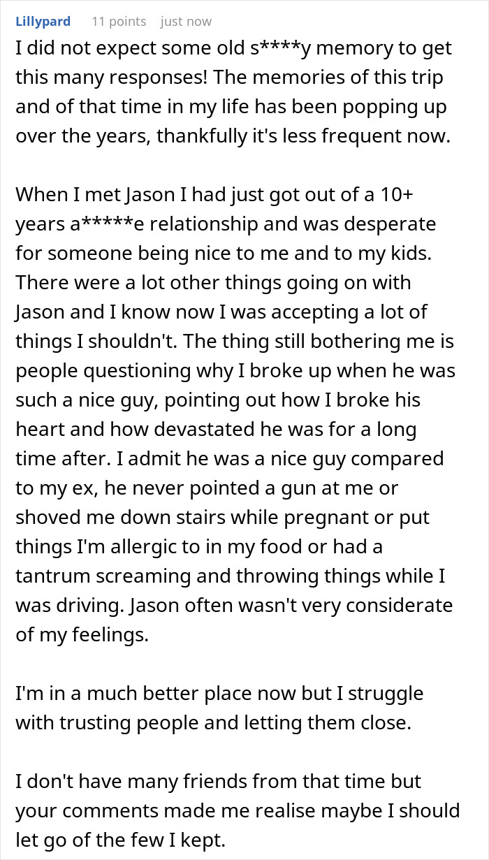 Reddit post from Lillypard, detailing a past relationship with Jason and the struggles of trust regarding a compromise about children. Reddit post from Lillypard, detailing a past relationship with Jason and the struggles of trust regarding a compromise about children.