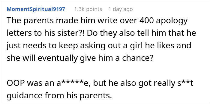 A Reddit comment questioning the parents' role after the violent fight with sister that cost him his family.