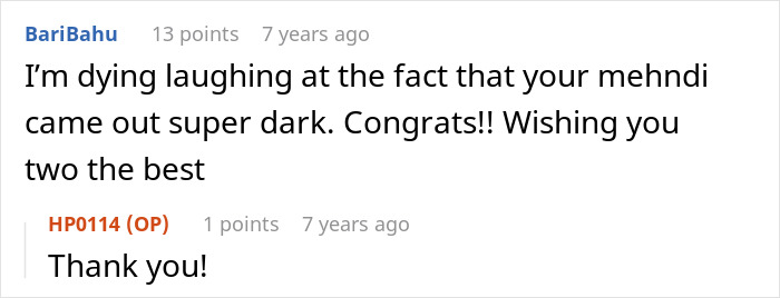 A social media comment congratulating the bride on her mehndi color, a detail related to the wedding photos sent to MIL. A social media comment congratulating the bride on her mehndi color, a detail related to the wedding photos sent to MIL.