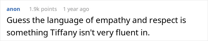 A comment stating Tiffany isn't fluent in empathy and respect, referencing the babysitter's aunt.