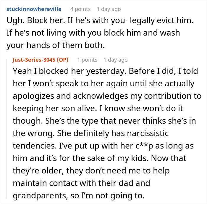 Entitled MIL Refuses To Take In Her Drunk Son, Blames His Ex-Wife For Finally Quitting The Role Entitled MIL Refuses To Take In Her Drunk Son, Blames His Ex-Wife For Finally Quitting The Role
