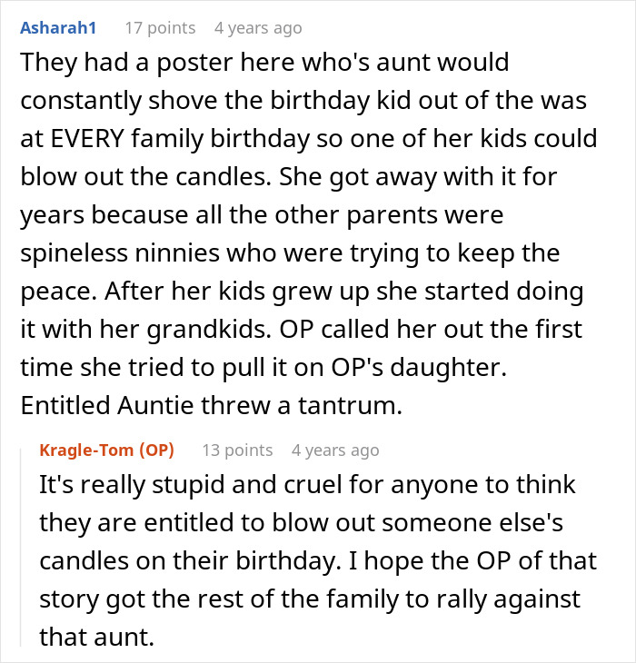 A Reddit comment discussing a spoiled sister and enabling mom who constantly shoves a child out of the way at birthdays. A Reddit comment discussing a spoiled sister and enabling mom who constantly shoves a child out of the way at birthdays.