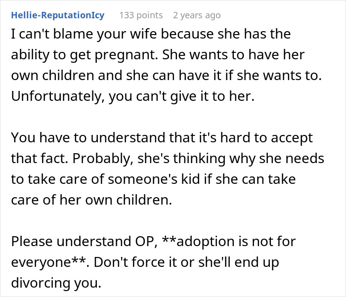 A comment about marriage and the wife's beliefs regarding trying to conceive and having children.