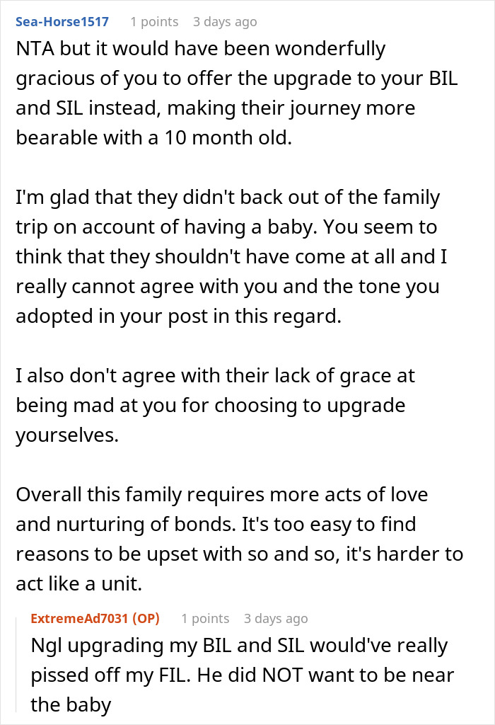 A Reddit post about a family trip and flight tickets, discussing upgrading flight tickets for a trip. A Reddit post about a family trip and flight tickets, discussing upgrading flight tickets for a trip.