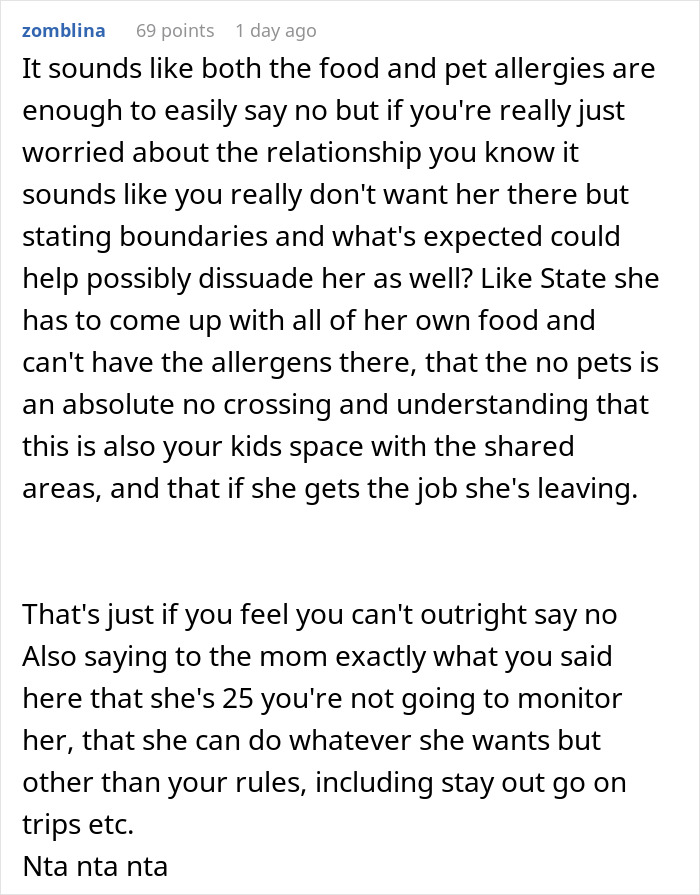 A Reddit comment suggesting boundaries and expectations for a couple housing a 25YO niece, especially regarding allergies and space. A Reddit comment suggesting boundaries and expectations for a couple housing a 25YO niece, especially regarding allergies and space.