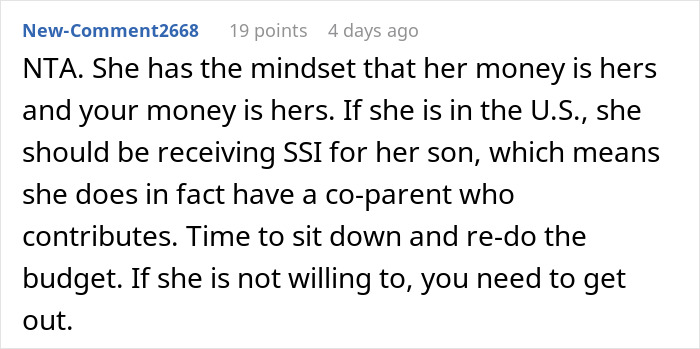 A Reddit comment from New-Comment2668 advises the guy to reassess his finances and budget, concerning his girlfriend's son's sports fees. A Reddit comment from New-Comment2668 advises the guy to reassess his finances and budget, concerning his girlfriend's son's sports fees.