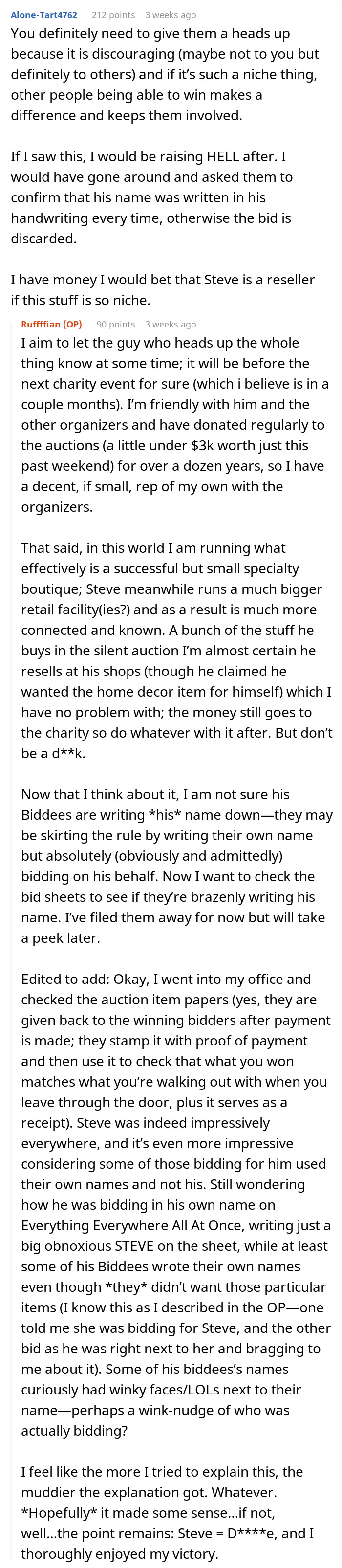 A detailed Reddit comment about a man's charity auction bidding strategy with helpers and a guest. A detailed Reddit comment about a man's charity auction bidding strategy with helpers and a guest.