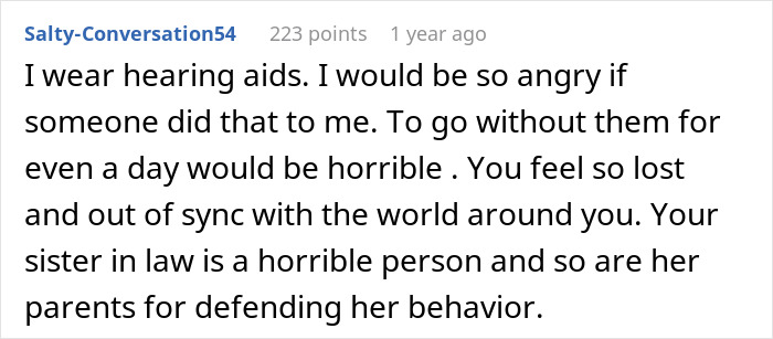 A screenshot of a comment from Salty-Conversation54 stating anger about someone destroying hearing aids, stressing their importance. A screenshot of a comment from Salty-Conversation54 stating anger about someone destroying hearing aids, stressing their importance.