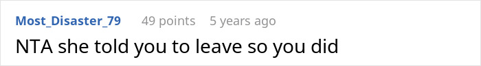 A concise comment stating NTA and that the person left the party when asked.