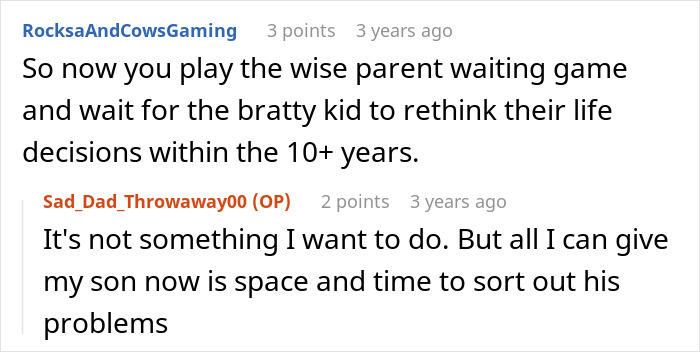 A Reddit comment discussing a father's choice to give his son space to sort out problems after the son's family heirloom incident. A Reddit comment discussing a father's choice to give his son space to sort out problems after the son's family heirloom incident.