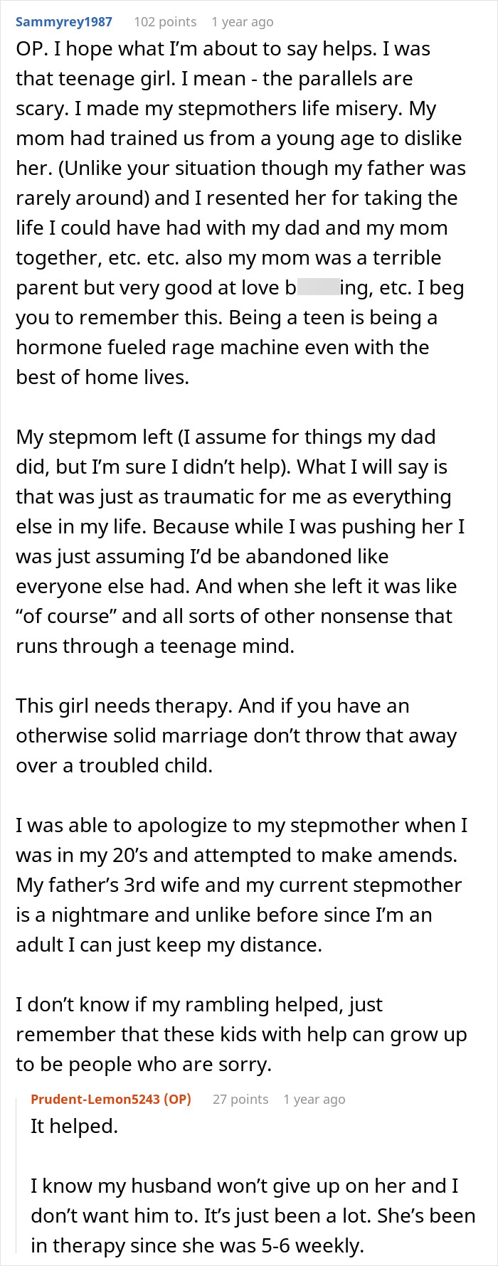 A screenshot of a Reddit user's comment about her stepmom's past drama with her husband's kid, offering advice. A screenshot of a Reddit user's comment about her stepmom's past drama with her husband's kid, offering advice.