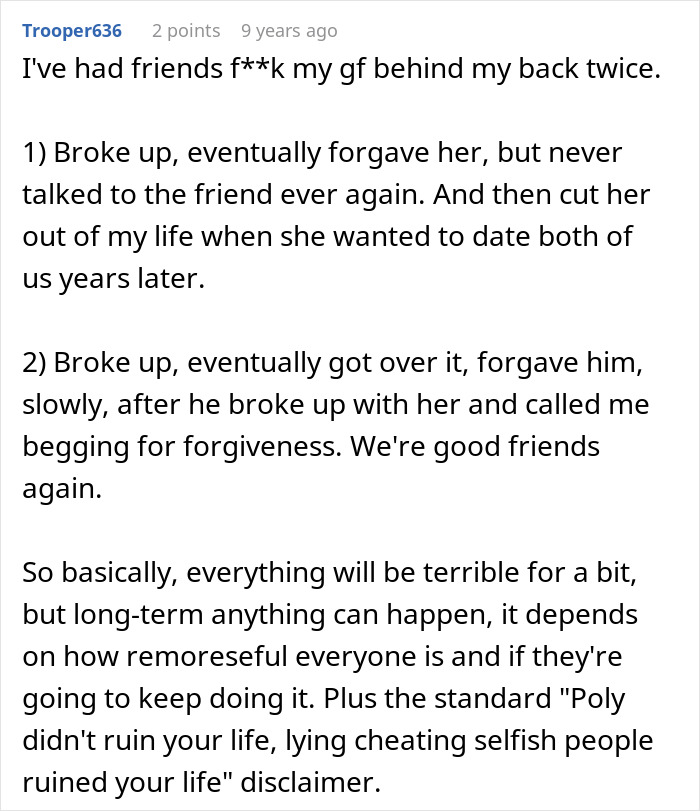 A screenshot of a Reddit comment about a poly wife and her husband's best friend. A screenshot of a Reddit comment about a poly wife and her husband's best friend.