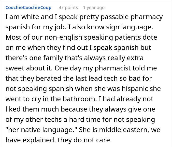 A screenshot of a comment by CoochieCoochieCoup about an aunt bullying a babysitter and her experience with language.