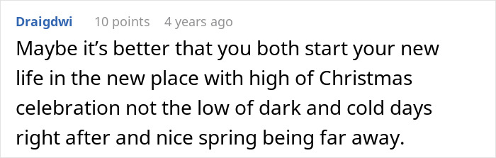 A comment suggesting a new life for the woman and her adopted baby during Christmas, after sister tries to kidnap her. A comment suggesting a new life for the woman and her adopted baby during Christmas, after sister tries to kidnap her.
