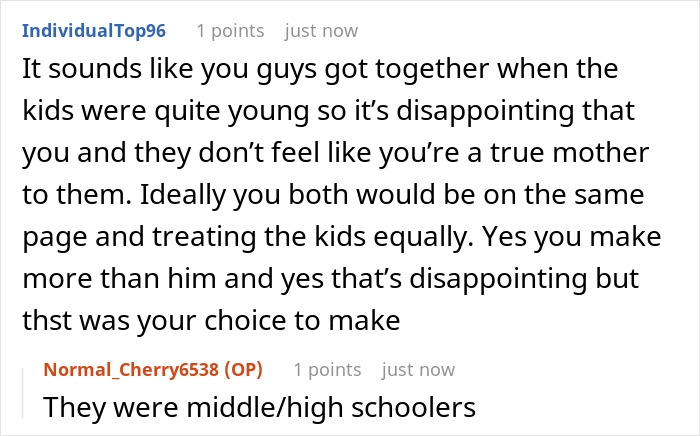 A Reddit comment expressing disappointment that the mom doesn't feel like a true mother to her husband's kids. A Reddit comment expressing disappointment that the mom doesn't feel like a true mother to her husband's kids.