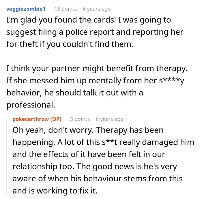 Reddit user suggests therapy for partner, dealing with effects of grandma's accusations and buying stepson's love.