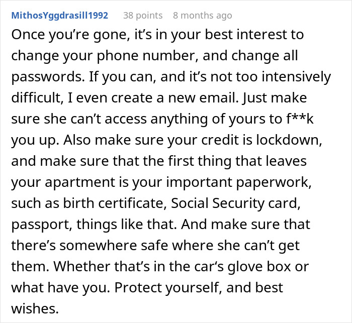 Screenshot of a comment from MithosYggdrasil1992 advising security steps after a 7-year relationship. Screenshot of a comment from MithosYggdrasil1992 advising security steps after a 7-year relationship.