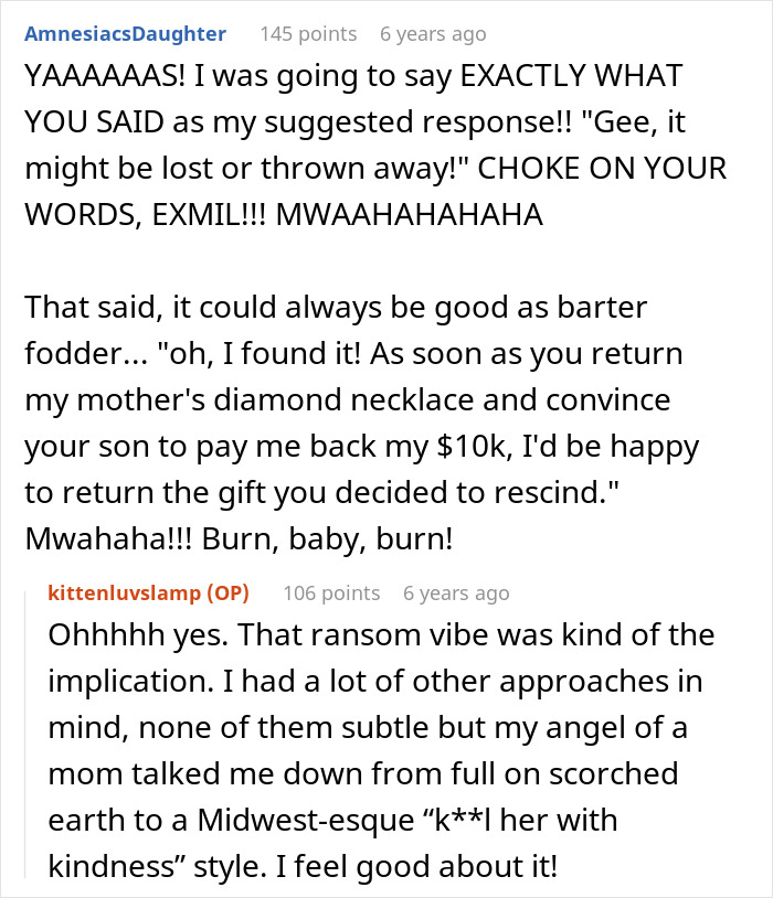 Screenshot of a comment suggesting a sarcastic response to an ex-MIL who wants a gift back, mentioning a missing necklace. Screenshot of a comment suggesting a sarcastic response to an ex-MIL who wants a gift back, mentioning a missing necklace.