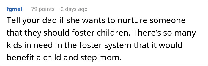 A comment suggests the mother considering motherhood through grandkids should foster children instead. A comment suggests the mother considering motherhood through grandkids should foster children instead.