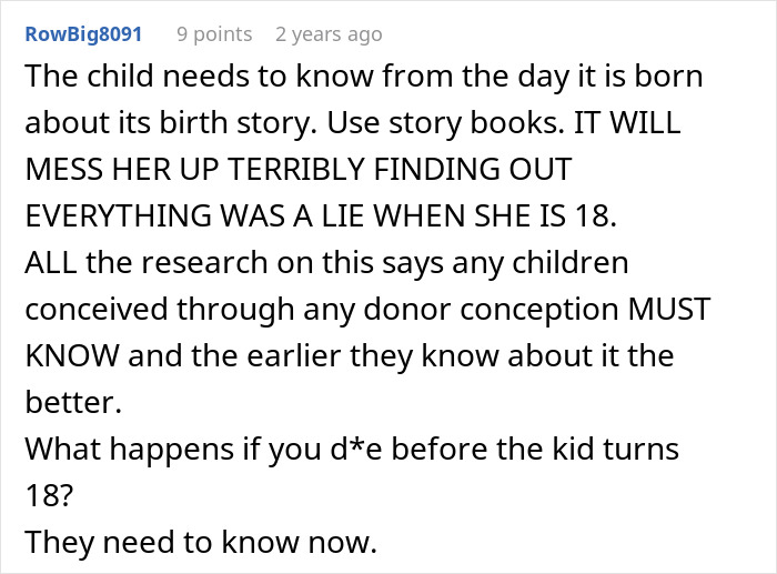 A comment stressing the importance of telling a child their birth story early, not after 18 years. A comment stressing the importance of telling a child their birth story early, not after 18 years.