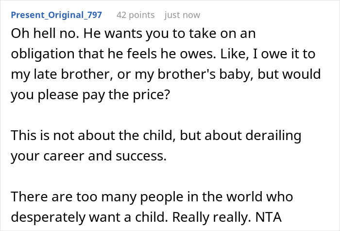 A screenshot of a comment from a user named Present_Original_797 stating a husband's obligation for an orphaned nephew is not a wife's. A screenshot of a comment from a user named Present_Original_797 stating a husband's obligation for an orphaned nephew is not a wife's.