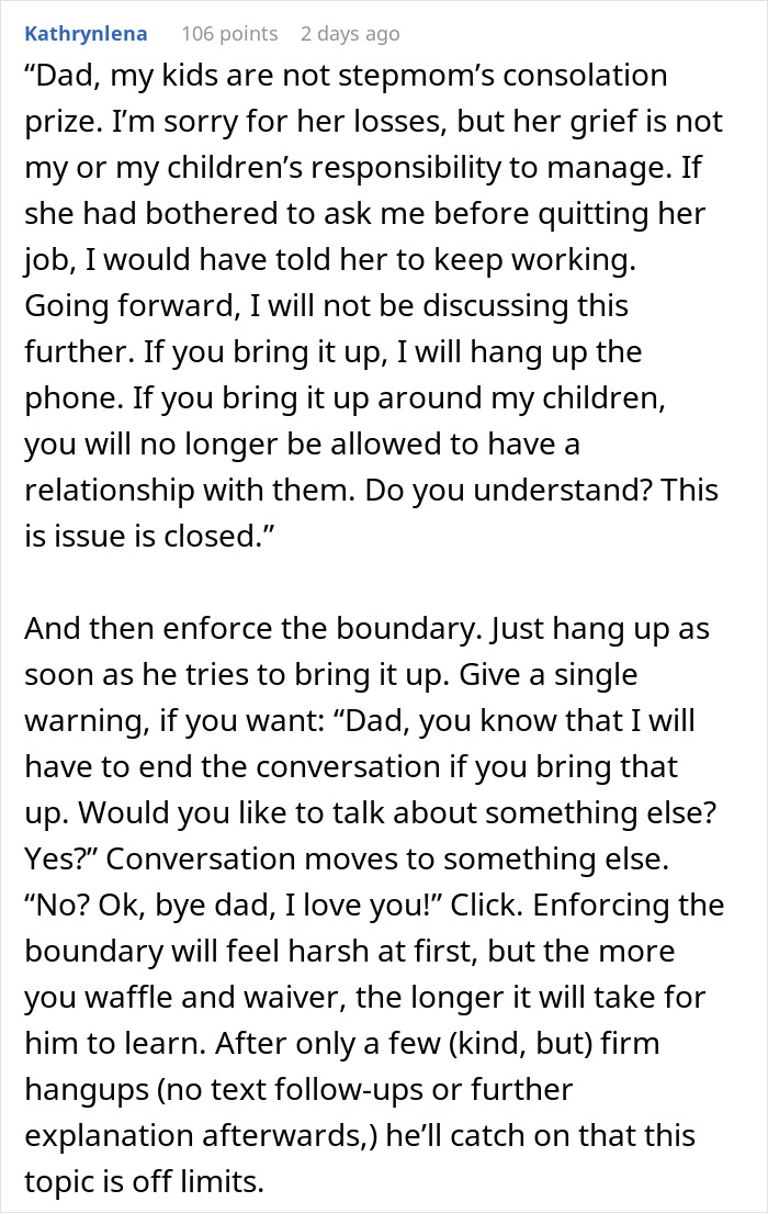 A comment advises the daughter to enforce boundaries with her father about her children being a replacement for her mother's lost children, and to hang up the phone if he brings it up. A comment advises the daughter to enforce boundaries with her father about her children being a replacement for her mother's lost children, and to hang up the phone if he brings it up.