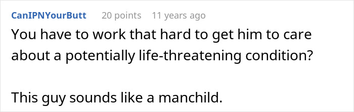 A comment expressing disbelief at the boyfriend's disregard for her allergy, calling him a manchild. A comment expressing disbelief at the boyfriend's disregard for her allergy, calling him a manchild.