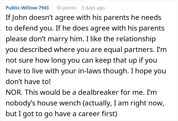 Online comment urging a Christian woman to not marry if her fiancé agrees with his parents' marriage advice, emphasizing equality. Online comment urging a Christian woman to not marry if her fiancé agrees with his parents' marriage advice, emphasizing equality.