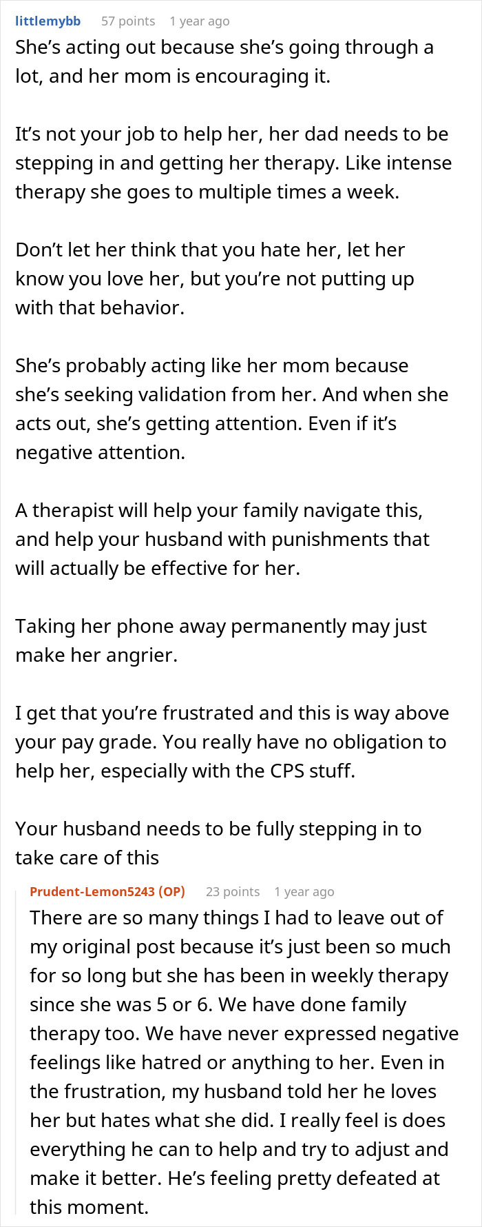 A screenshot of a Reddit comment giving advice on dealing with a woman's husband's kid's behavior and therapy. A screenshot of a Reddit comment giving advice on dealing with a woman's husband's kid's behavior and therapy.