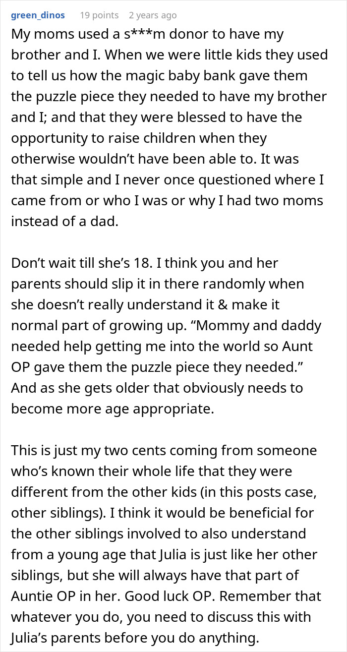 A user discusses explaining a s***m donor to kids early, suggesting not to keep the truth secret for 18 years. A user discusses explaining a s***m donor to kids early, suggesting not to keep the truth secret for 18 years.