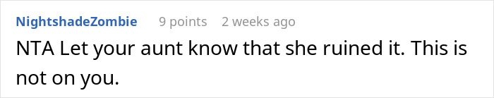 A comment reinforcing that the aunt is at fault for the ruined free table tradition.