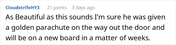 A Reddit comment speculating about the CEO receiving a golden parachute after being fired.