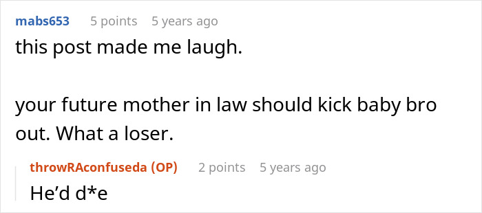 A social media comment calling the fiancée's brother a loser for the fancy laptop incident. A social media comment calling the fiancée's brother a loser for the fancy laptop incident.