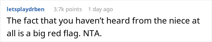 A screenshot of a Reddit comment about the couple housing their niece. A screenshot of a Reddit comment about the couple housing their niece.