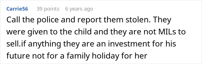 A comment on a social media post discussing a grandma buying love with gifts for her stepson.