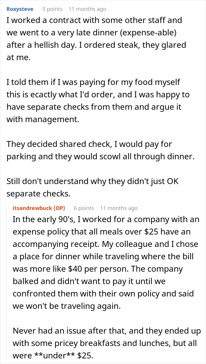 A screenshot of a comment about a couple realizing neighbors found someone to pay their bills, discussing dinner payments with colleagues. A screenshot of a comment about a couple realizing neighbors found someone to pay their bills, discussing dinner payments with colleagues.