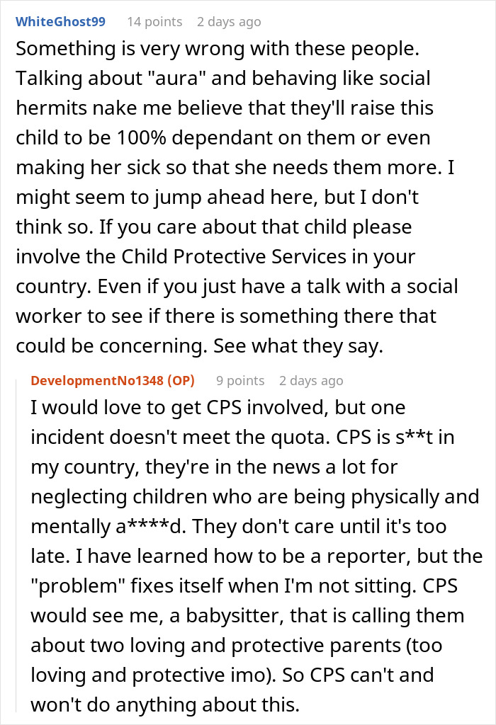 Discussion about parents gaslighting babysitter and a crying baby, suggesting involving child protective services. Discussion about parents gaslighting babysitter and a crying baby, suggesting involving child protective services.