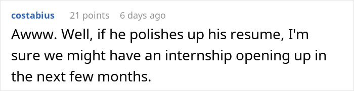 A humorous comment about the CEO who fired 900 workers needing an internship to find a new job.