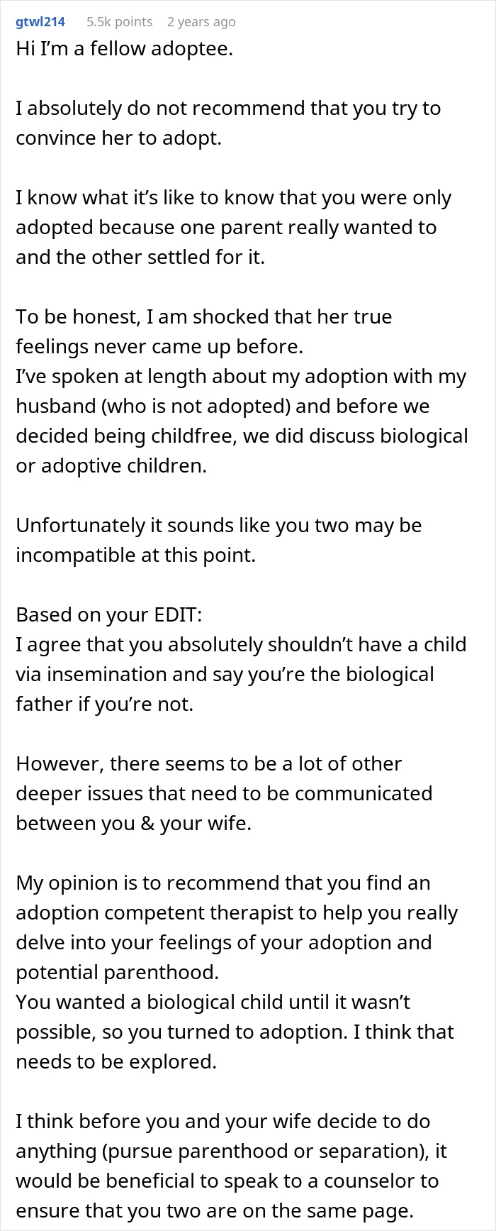 Man questions marriage when a fellow adoptee advises against convincing the wife and highlights the deeper issues and shocking beliefs.